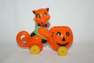Vintage Rosbro Rosen Hard Plastic Halloween Cat Pumpkin Wheels Candy Container