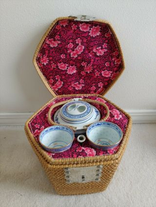 Vintage Chinese Porcelain Travel Tea Set In Woven Basket