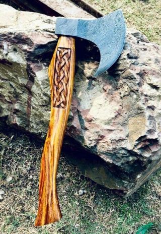 Damascus Steel Vintage Breaded Hatched Combat Viking Tomahawk Engraved Axe