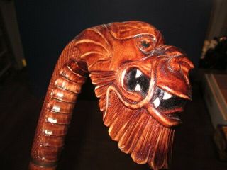 Mw.  A03: Antique Folk Art Hand Carved Monster Wood Handle Walking Stick Cane