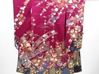 4014637: Japanese Kimono / Vintage Furisode / Embroidery / Kinsai / Butterfly &