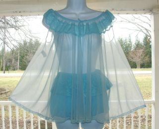 Vintage Babydoll Blue Nightgown Sheer Chiffon Nylon Granny Ruffle Sissy Panties