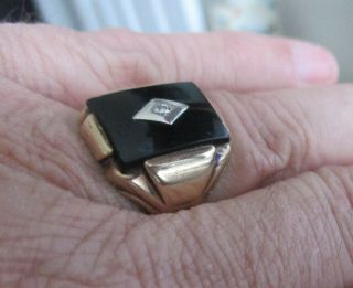 Antique Vintage Mens Art Deco Black Onyx 10k Solid Gold Ring 5 - 6 Grams 3