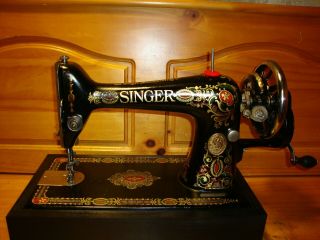 Antique Singer Sewing Machine Model 66 " Red Eye ",  Hand Crank,  Leather,  Serviced
