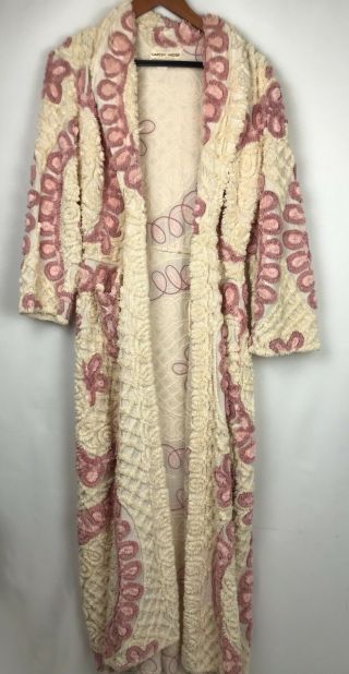 Vintage Vtg Rare Canyon Group Pink Flower Print Chenille Large Robe
