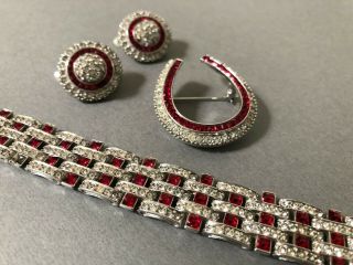 Signed Ciner Vintage Bracelet Earring Brooch Set Parure Red Deco Horseshoe 068