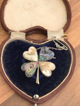 Antique Victorian c1874 MOP & Abalone Sterling Silver Four Leaf Clover Brooch 2