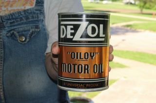Vintage Dezol Oiloy Motor Oil Metal 1 Quart Can Gas Station Sign Full