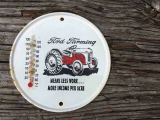 Vintage Ford Farming Tractor Advertising Round Metal Agriculture Thermometer