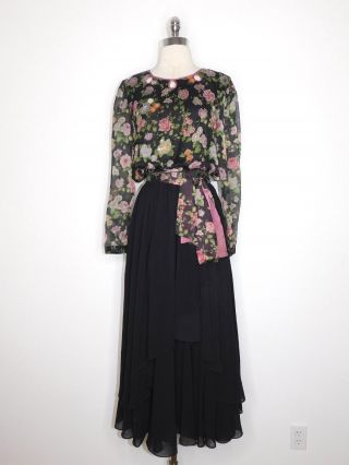 Vtg Diane Freis Womans Black Plum Rose Floral Beaded Tiered Maxi Dress M L S1