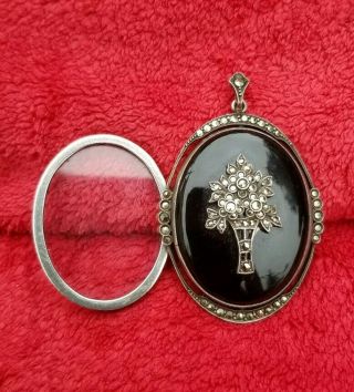 Vintage Sterling Silver 925 Black Onyx & Marcasite Picture Locket Pendant Erman