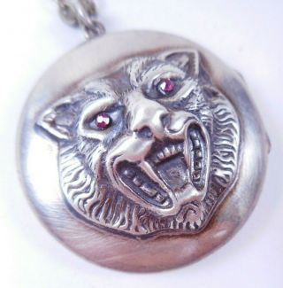 Antique Sterling Silver Repousse Roaring Tiger Locket Pendant Victorian To Deco