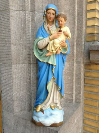 Huge Antique Monastery Plaster Notre Dame Du Sacre Coeur Altar Madonna Statue