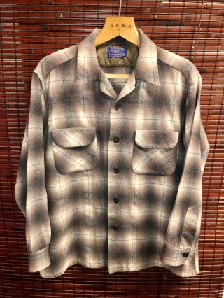 Vtg 50s 60s Pendleton Board Shirt L Flap Pocket Loop Collar Wool Shadow Plaid