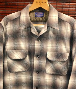 VTG 50s 60s Pendleton Board Shirt L Flap Pocket Loop Collar Wool Shadow Plaid 2