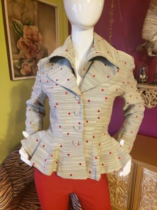 Vintage 1940s Lilli Ann Red Polka Dot Carousel Peplum Suit Jacket Blazer Sm 2