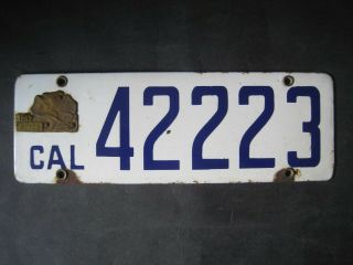 Vintage 1917 California Porcelain License Plate With Matching Poppy Tag