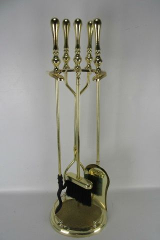 Vintage Polished Brass 5 Piece Fireplace Tool Set 31 " Tall