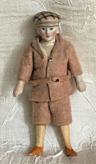 All Antique German Dollhouse Bisque Man Doll W Molded Cap 3.  5 "