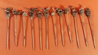 12 Antique Continental 800 Silver Figural Animal Cocktail Or Appetizer Sticks
