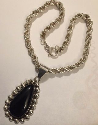 Vtg Mexican Sterling Silver 1/4”w Rope Twist Necklace - 2 1/2” Blk Onyx Pendent Tj