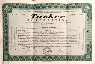 Vintage Authentic Tucker Automobile Car Stock Certificate Shares 1947