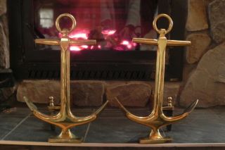 Vintage Brass Anchor Andirons Nautical Fireplace Decor