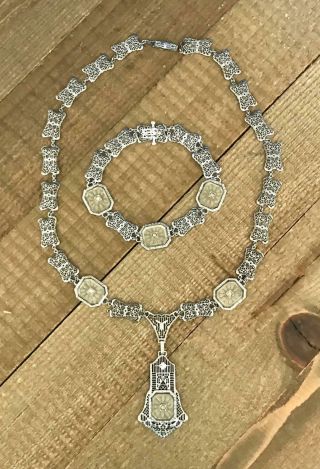 Victorian Filigree Art Deco Set Camphor Necklace Bracelet Silver Faux Diamond