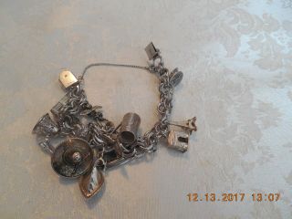Vtg Ar Sterling Silver Double Link Charm Bracelet With 12 Charms