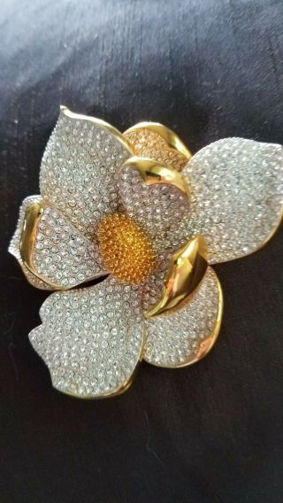 Rare Joan Rivers Magnolia Flower Gold Limited Edition Pave Rhinestone Brooch Pin