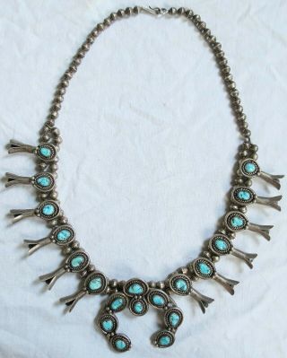 Navajo Squash Blossom Sterling Silver Turquoise Necklace 22 " 136 Grams Old Vtg