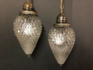 Vintage 2 - Cut Glass Diamond Globe Swag Ceiling Light Fixture Teardrop Retro