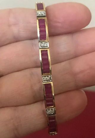 Vintage Estate 14K Yellow Gold Diamond & Ruby Tennis Bracelet 7” 3