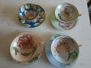 Set Of 4 Vintage Occupied Japan Hand Painted Teacups & Saucers - Trimont China