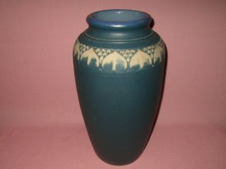 Antique Monmouth Pottery Western Stoneware American Arts & Crafts Blue Vase 16 