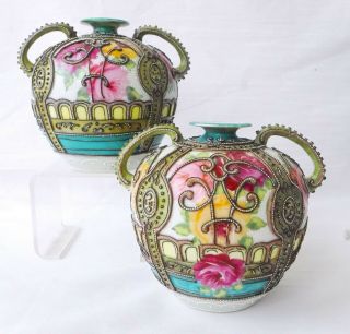 Antique Noritake Moriage Vases,  Decorated With Roses