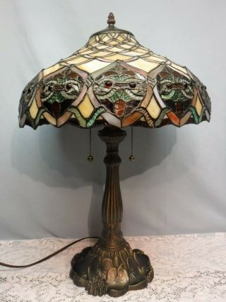 Vtg Tiffany Style Table Lamp Owl Faces Double Socket Stained Glass Lily Pad Base