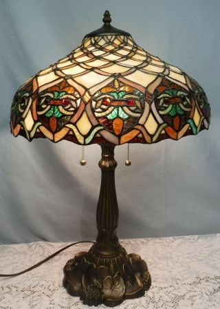 VTG Tiffany Style Table Lamp Owl Faces Double Socket Stained Glass Lily Pad Base 2