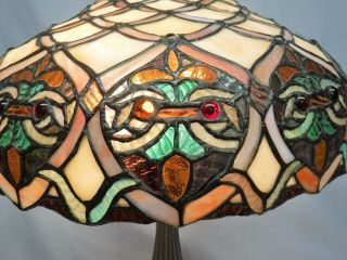 VTG Tiffany Style Table Lamp Owl Faces Double Socket Stained Glass Lily Pad Base 3