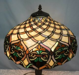 VTG Tiffany Style Table Lamp Owl Faces Double Socket Stained Glass Lily Pad Base 4
