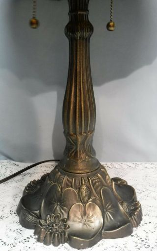 VTG Tiffany Style Table Lamp Owl Faces Double Socket Stained Glass Lily Pad Base 6