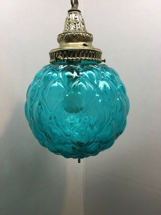 Vintage Mcm Blue Flashed Glass Hanging Swag Lamp Light