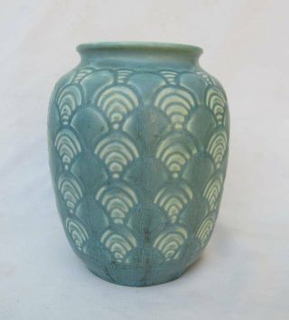 Vintage Rookwood Art Deco Style Pottery Fans Teal Vase 6635 1940