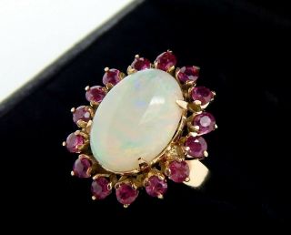 Vintage 14k 2.  35 Carats Natural Opal And Natural Ruby Cluster Ring