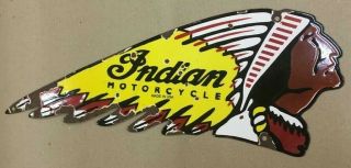 Vintage Indian Motorcycle Mohican Head Porcelain Enamel Double Sided Sign 23 