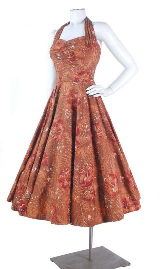 Vintage 50s Hawaiian Full Circle Skirt Halter Dress Brown Red Gold Flowers Vlv