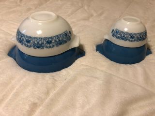 Set Of 4 Vintage Pyrex Horizon Blue Cinderella Mixing Bowls Tab Handles 441 - 444