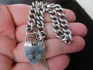 Vintage Silver Charm Bracelet English Sterling Heart Padlock Large Heavy Chain