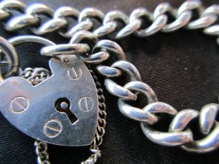 VINTAGE SILVER CHARM BRACELET ENGLISH STERLING HEART PADLOCK LARGE HEAVY CHAIN 3