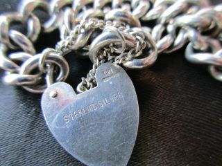 VINTAGE SILVER CHARM BRACELET ENGLISH STERLING HEART PADLOCK LARGE HEAVY CHAIN 6